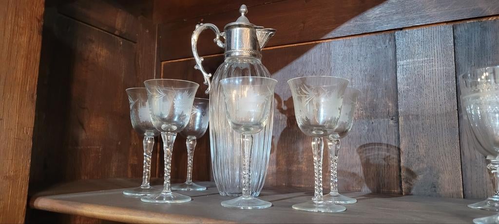 Mooie karaf met 6 glazen kristal, Ophalen, Gebruikt