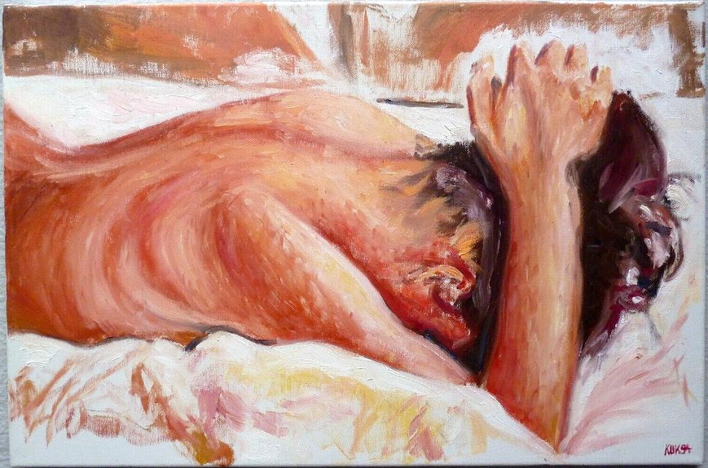 vintage olieverf op canvas `94 `` na het bad``, Ophalen of Verzenden