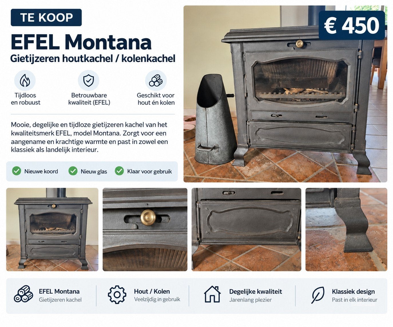 EFEL Montana gietijzeren hout- en kolenkachel , 11 kW, Ophalen, Hout, Kolenkachel