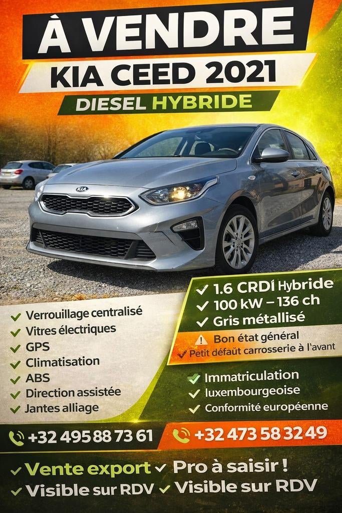 Kia ceed 12/2021 diesel hybride, Autos, Kia, 100 kW, Argent ou Gris, Entreprise, Boîte manuelle