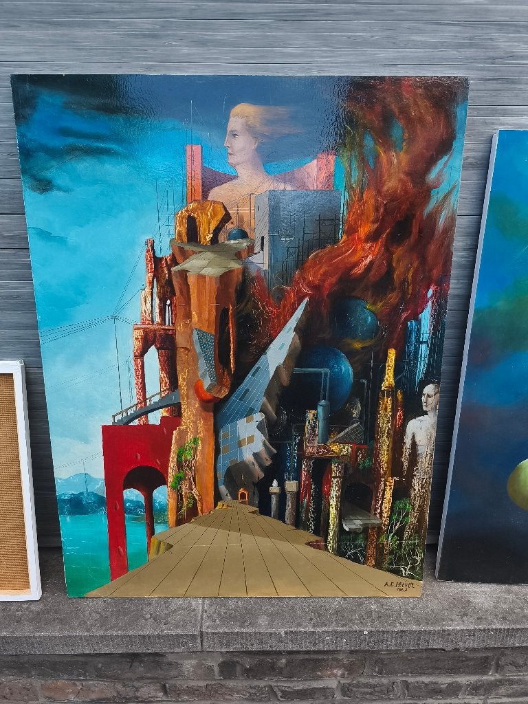 Huile sur panneau pierre et acier signe carl prevot, Antiquités & Art, Enlèvement ou Envoi