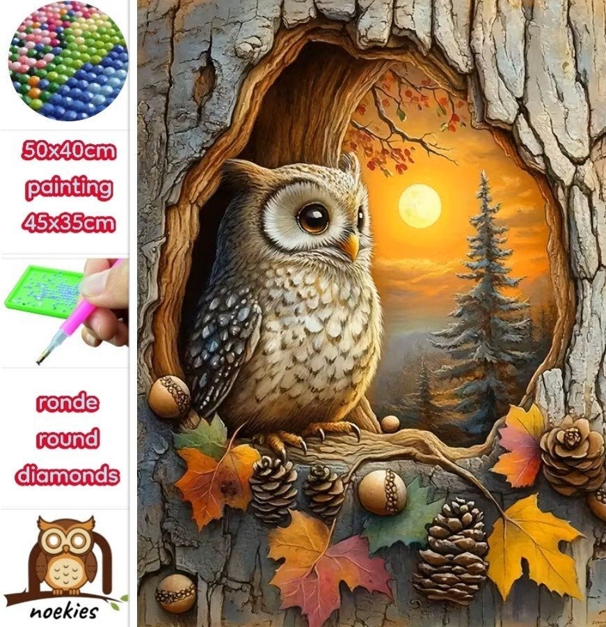 50x40cm Diamond Painting herst Uil (rond) nr 83, Hobby en Vrije tijd, Knutselen, Nieuw, Diamond painting, Educatief, Zelfklevend
