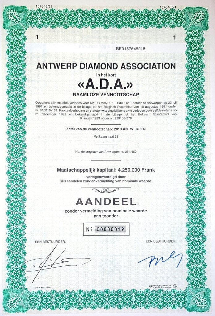 Antwerp Diamond Association 1993, Postzegels en Munten, Aandelen en Waardepapieren, Ophalen of Verzenden, 1970 tot heden, Aandeel