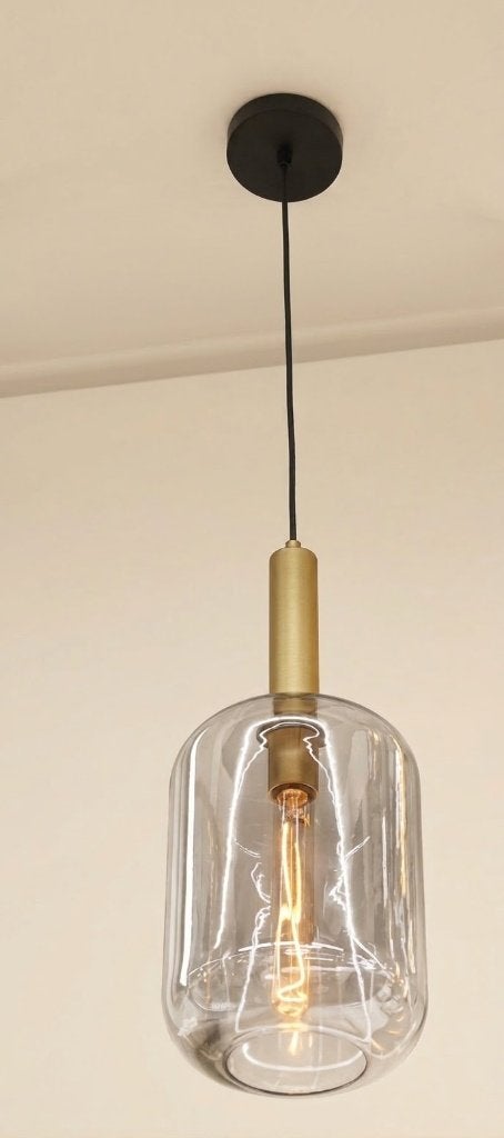 Lampe élégante avec raccord en laiton et verre teinté, Maison & Meubles, Enlèvement ou Envoi, Comme neuf, Verre