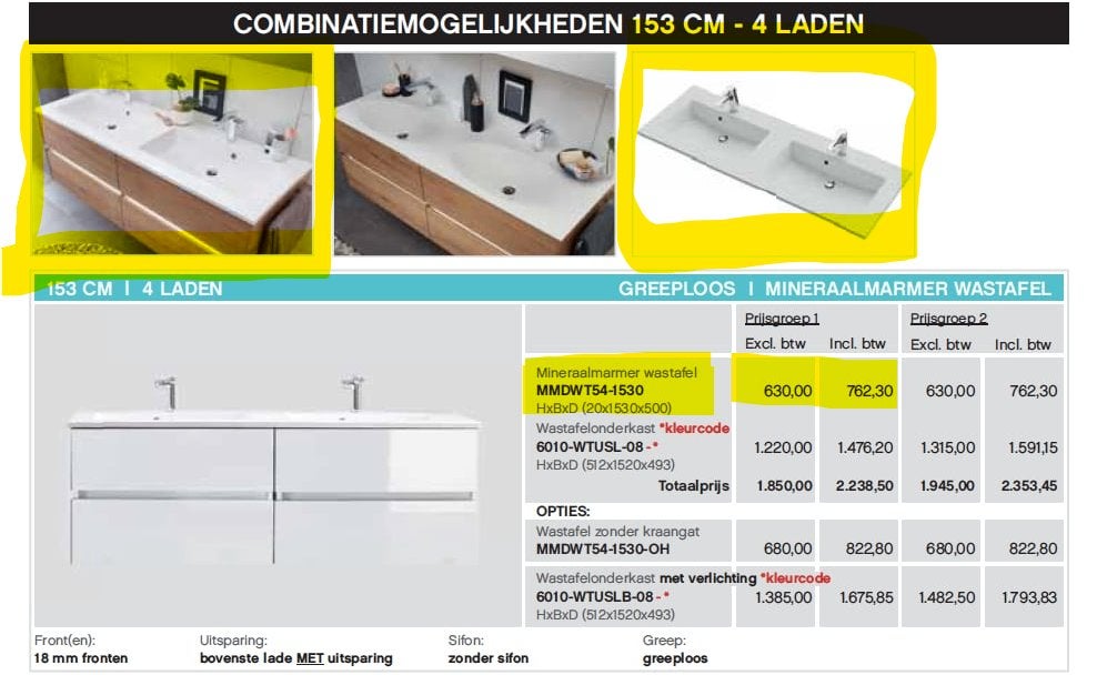 Mineraalmarmer dubbele wastafel 153cm, Ophalen, Nieuw, Wastafel