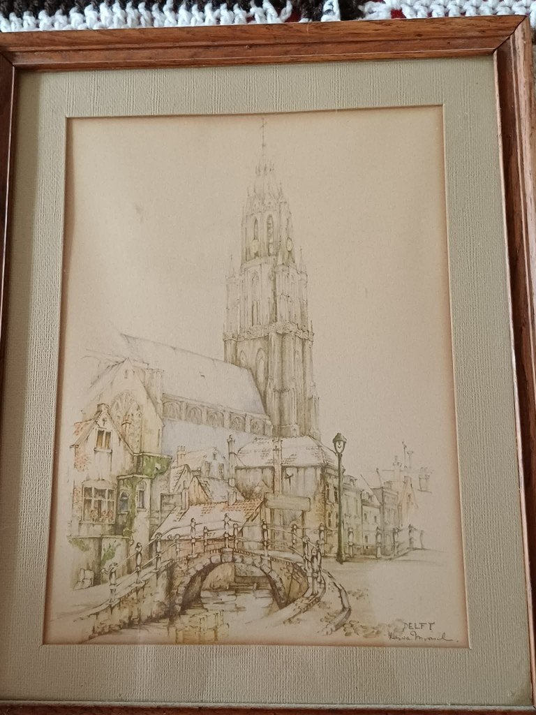 Gravure Vintage Delft - Nieuwe Kerk – Signée et encadrée, Paysage, Dessin, Papier, Vintage
