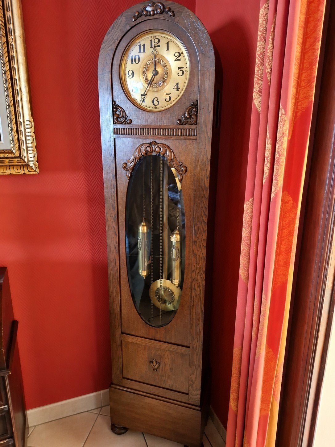Grande horloge de parquet mécanique en chêne - 3 poids, Antiquités & Art, Enlèvement