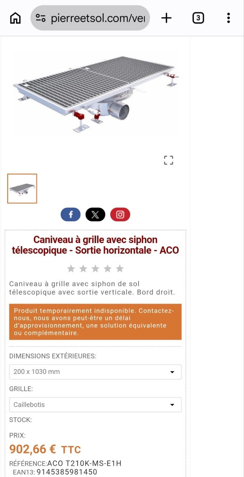 Caniveau a grille avec siphon telescopique sortie horizontal, Bricolage & Construction, Enlèvement ou Envoi