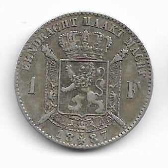 Belgique : 1 fr 1887 VL - argent = morin 179 A - magnifique, Monnaie en vrac, Argent, Argent, Envoi