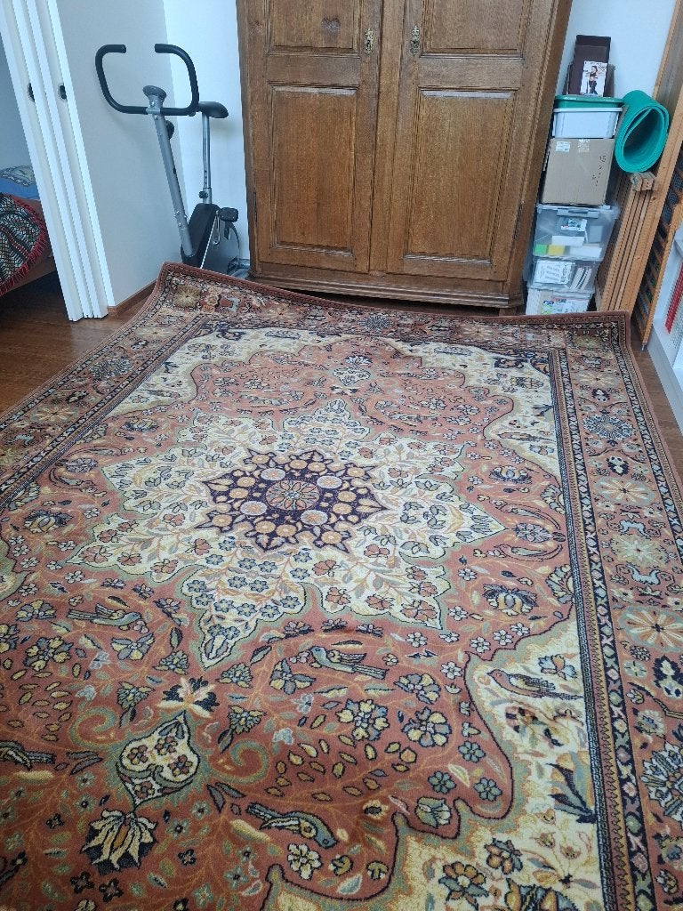 Geknoopt wollen vloerkleed 220/350 cm, Ophalen, Floral avec oiseaux couleur de fond brun/orange/rouille, 200 cm of meer, Zo goed als nieuw