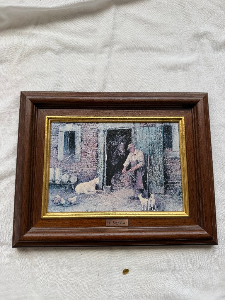 Schilderij 'Boer + paard en boerderijdieren' - Leon Engelen, Ophalen, Klassiek, Ingelijst, Dieren