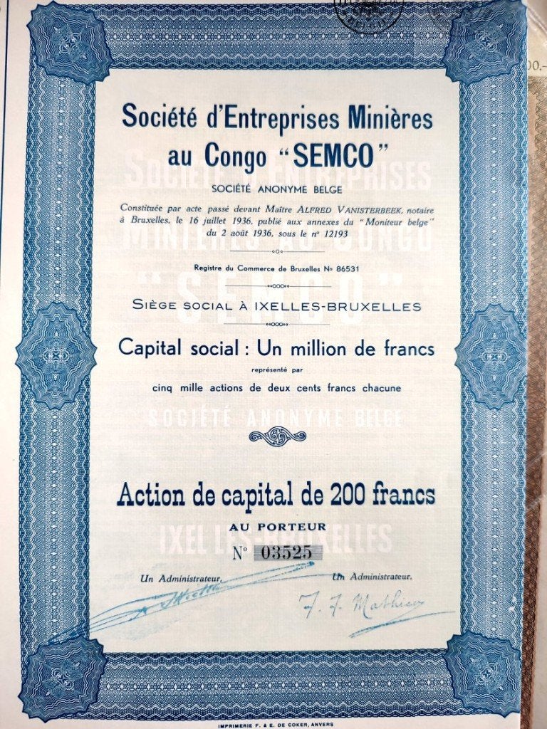 Société d'Entreprises Minières au Congo 1936, Timbres & Monnaies, Enlèvement ou Envoi, 1920 à 1950, Action