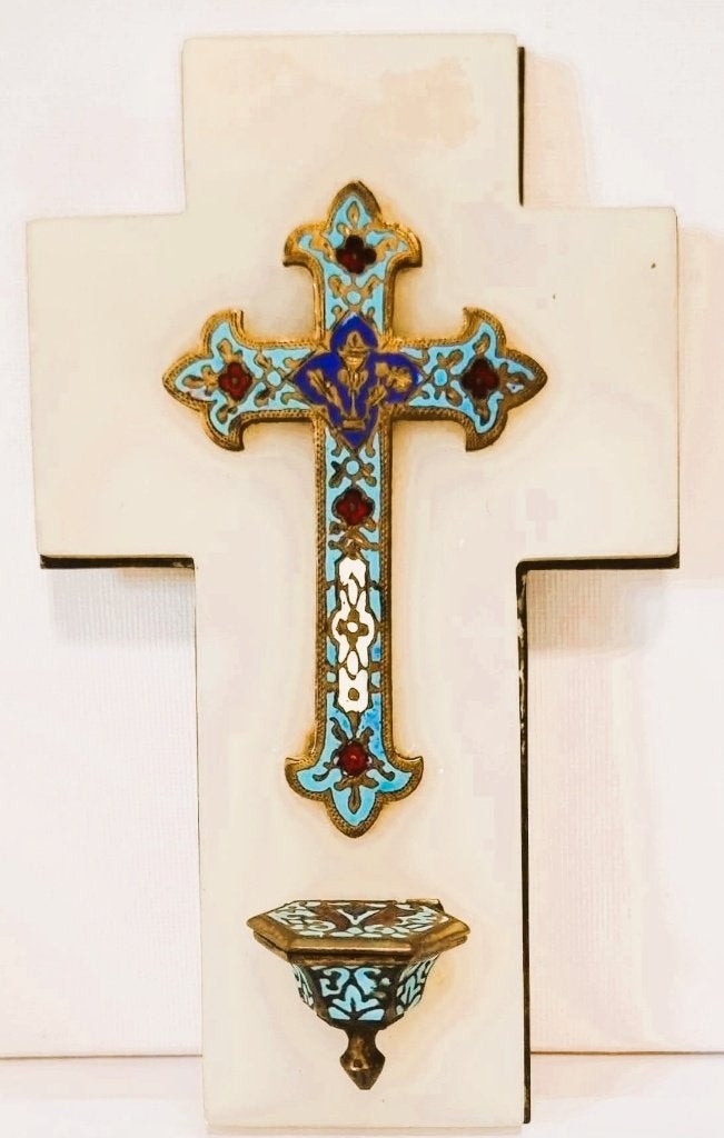 Croix avec récipient à eau bénite en émail cloisonné , onyx., Collections, Enlèvement ou Envoi