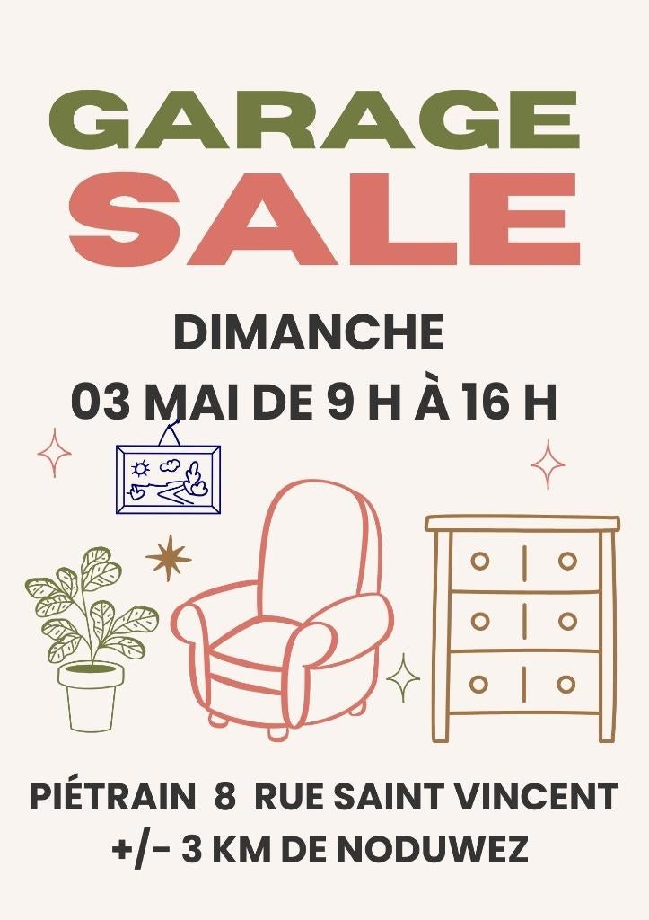 Piétrain 03 Mai 2026 Garage Sale, Antiquités & Art, Curiosités & Brocante, Enlèvement