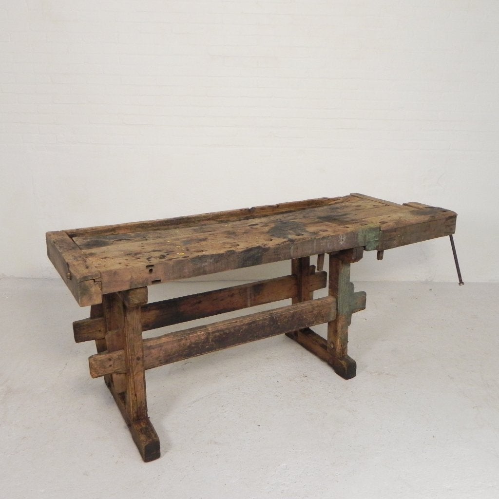 Industriele houten werkbank  194 cm lang, jaren 30, Doe-het-zelf en Bouw, Werkbanken, Ophalen of Verzenden, Bankschroef