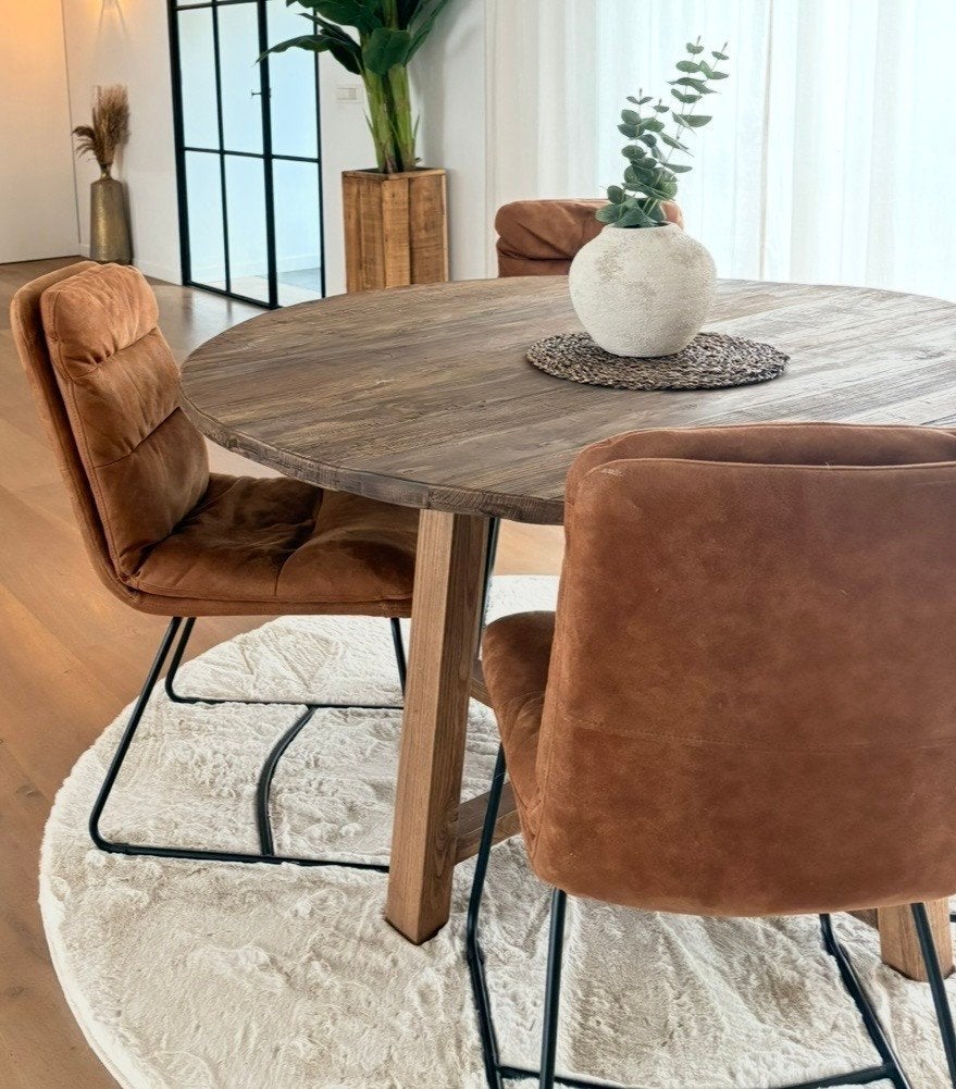 Bruine houten tafel 140cm, Ophalen, Gebruikt, 100 tot 150 cm, Rond