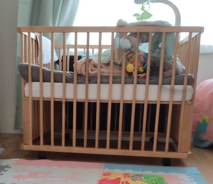 Parc en bois ajustable avec matelas et housse, Enlèvement, Comme neuf, Rectangulaire, Roulettes