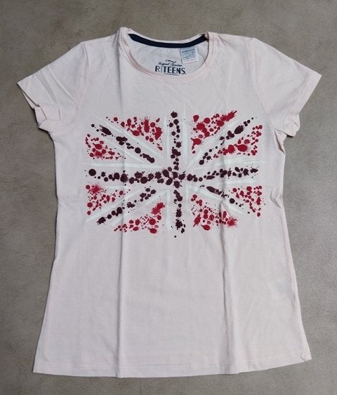 Lichtroze t-shirt met Union Jack (maat 140 - 10 jaar), Kinderen en Baby's, Kinderkleding | Maat 140, Gebruikt, Meisje, Shirt of Longsleeve