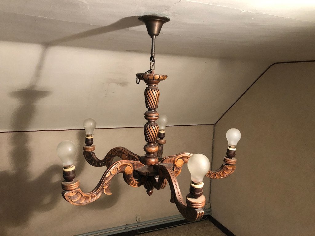 Houten Kroonluchter (bod vanaf 25,-) – 2290 Vorselaar, Huis en Inrichting, Lampen | Kroonluchters, Ophalen, Zo goed als nieuw