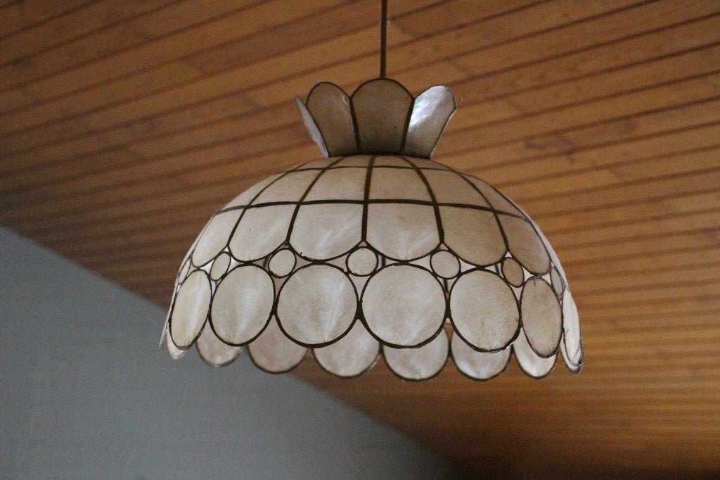 Lustre / suspension vintage en nacre Capiz, Enlèvement, Comme neuf, Métal, Vintage, rétro, bohème chic, années 70