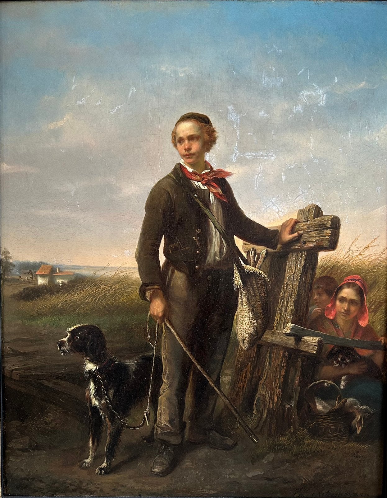 Emmanuel Noterman (1808-1863) jongen met hond en jachtbuit, Antiek en Kunst, Ophalen, Paneel, Gedateerd, Realistisch
