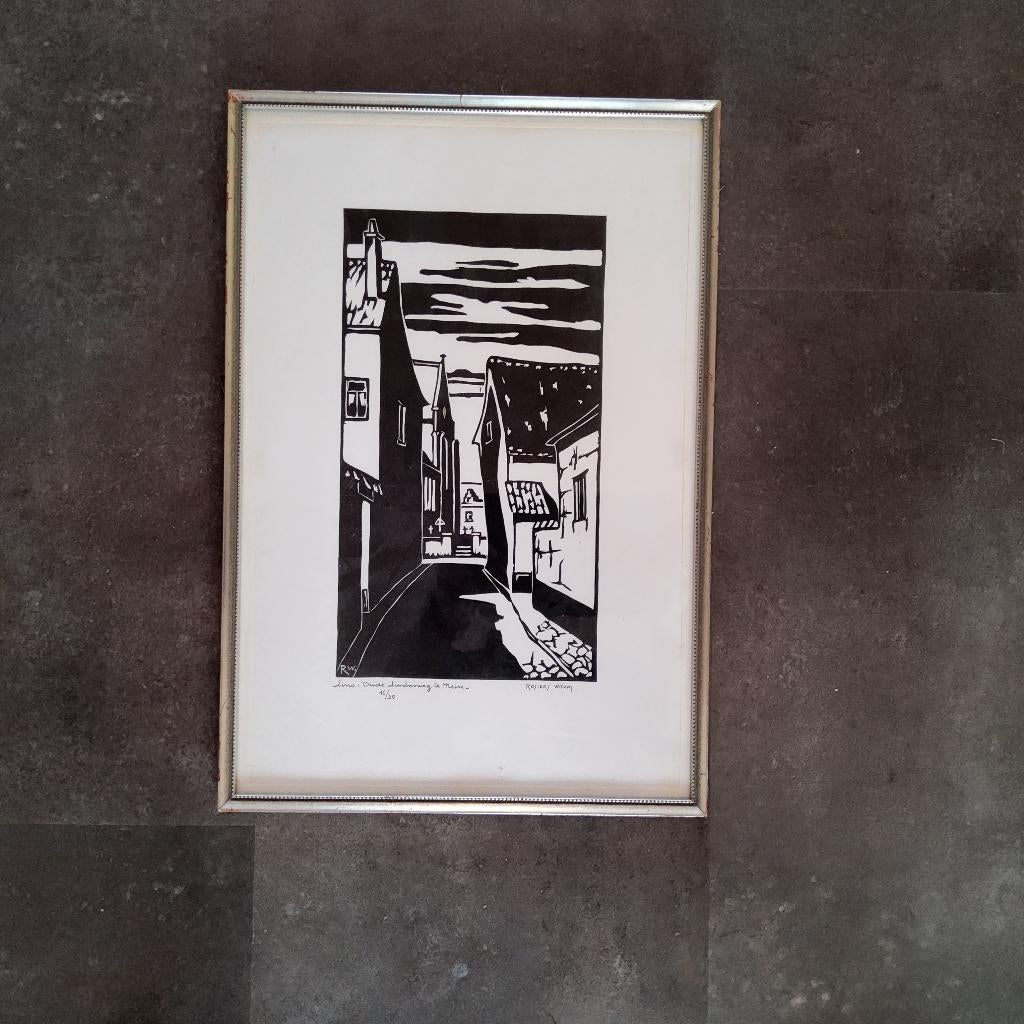 Linosnede Oude Limbosweg te Meise 16/30 door Willem Rosiers, Antiek en Kunst, Kunst | Etsen en Gravures, Stadsgezicht, 32 cm, 1950 - 1999