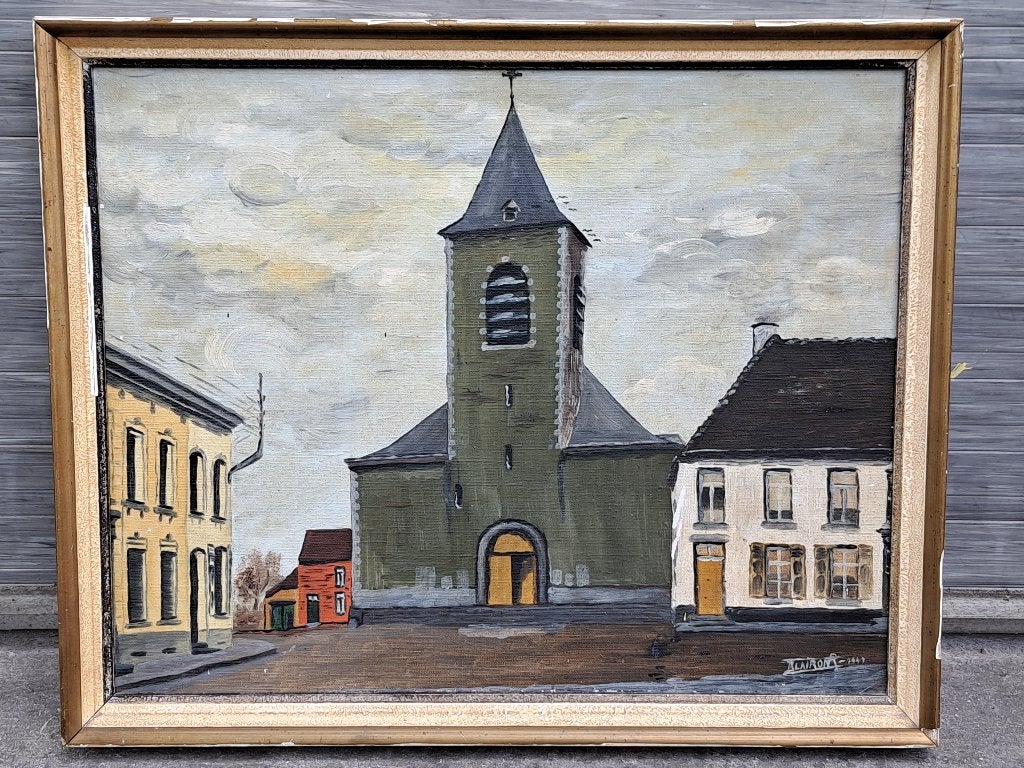 huile sur toile cartonne eglise de naast signe blairon r, Enlèvement ou Envoi, Toile