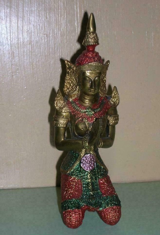 Beeld: Koperen Thaise tempel bidder 17 cm, Ophalen, Zo goed als nieuw, Religie
