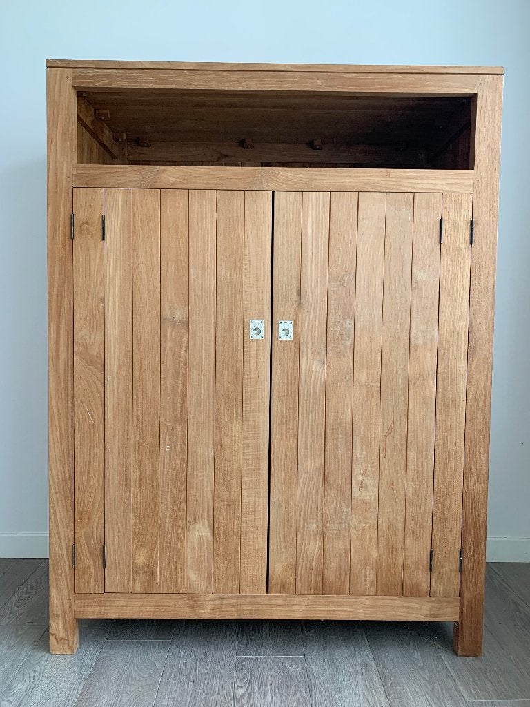 (TV) kast teak met deuren en 2 legplanken, Maison & Meubles, Teck, Avec porte(s), Comme neuf, 100 à 150 cm