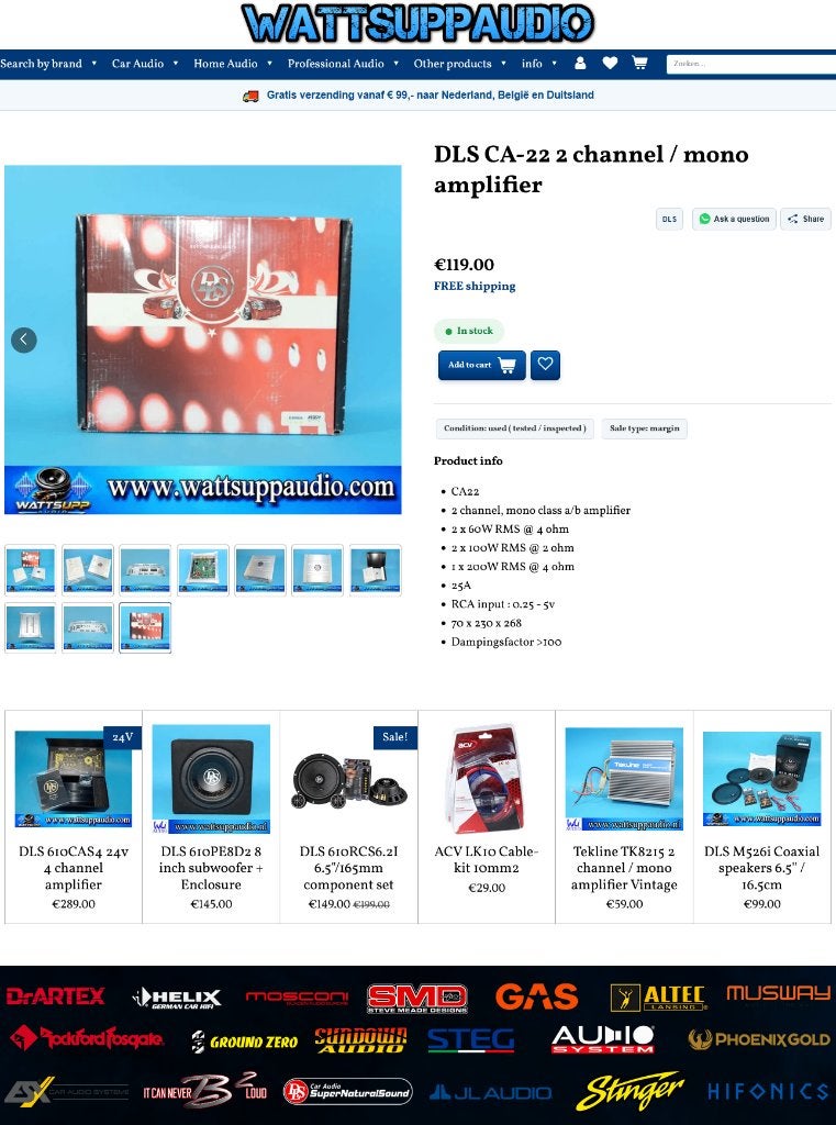 DLS CA-22 2 kanaals / mono versterker, Auto diversen, Ophalen of Verzenden, Zo goed als nieuw