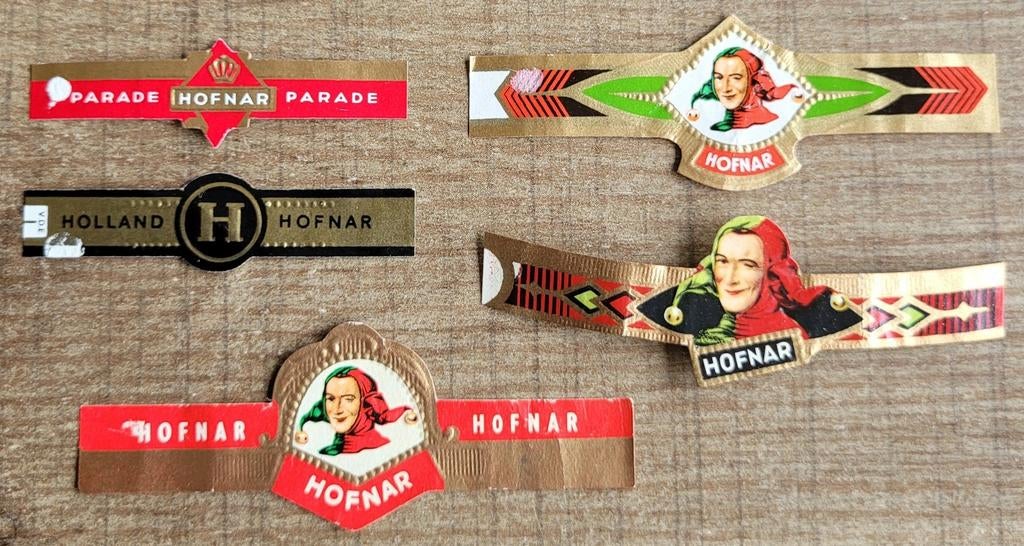 5 oude sigarenbandjes: HOFNAR, Holland, Verzamelen, Ophalen of Verzenden, Gebruikt, Sigarenbandjes