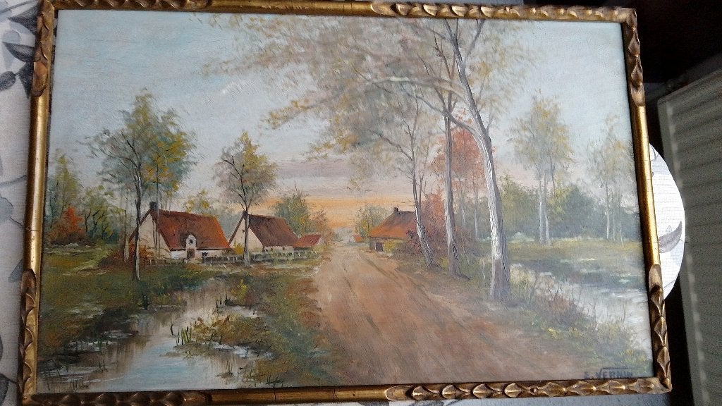 2 schilderijen op hout van E. Vernin, Antiek en Kunst, Ophalen, Landschap, Paneel