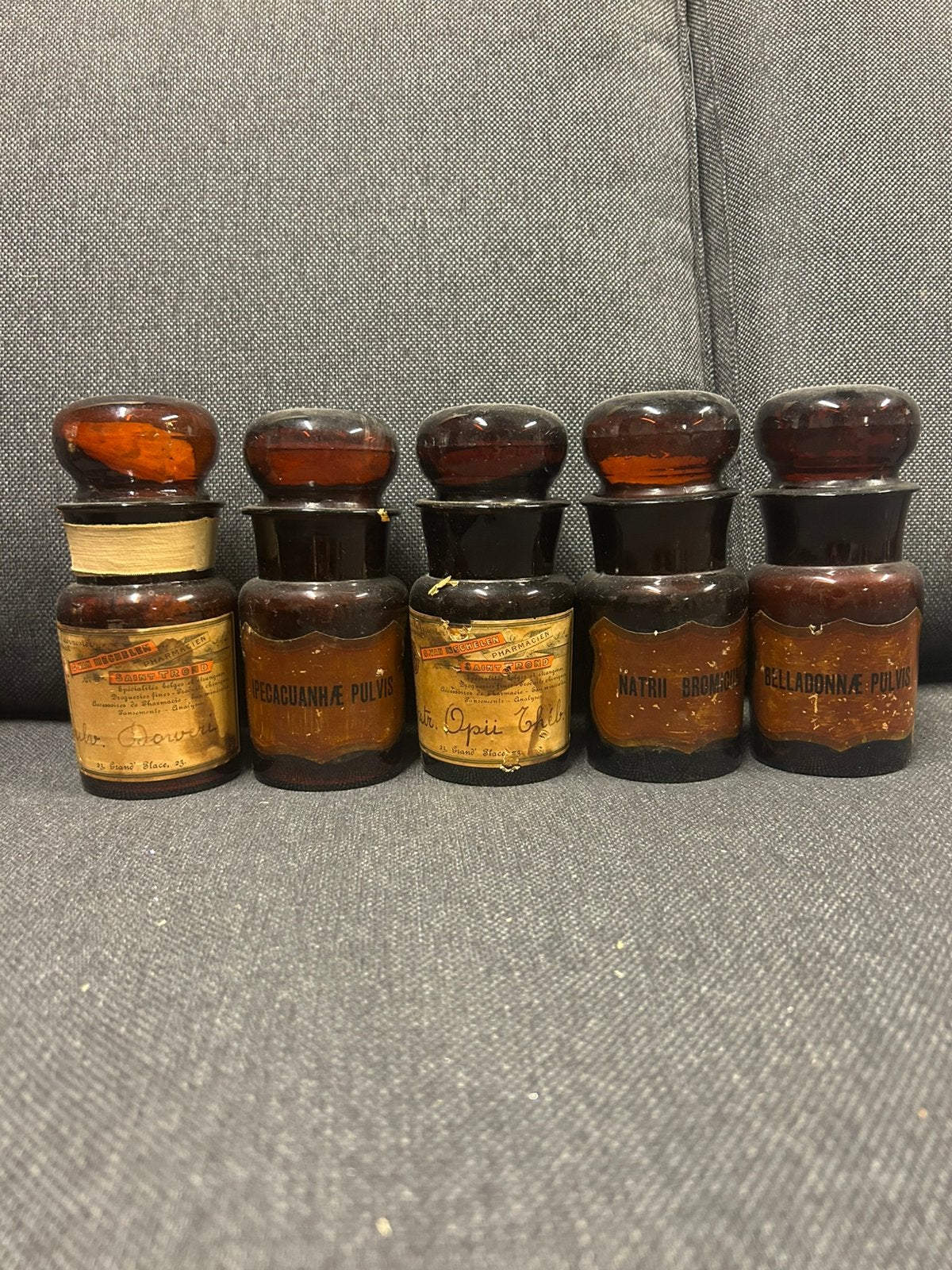 Magnifique ensemble de 5 pots à pharmacie anciens en verre, Maison & Meubles, Enlèvement ou Envoi, Utilisé, Autres types, Verre