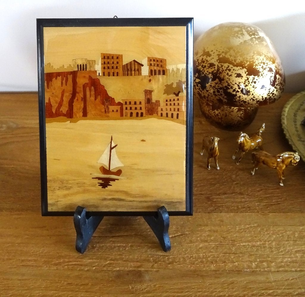 Italië prachtig inlegwerk marqueterie, baai met zeilboot, Antiek en Kunst, Overige onderwerpen, Houtsnijwerk, Ophalen of Verzenden