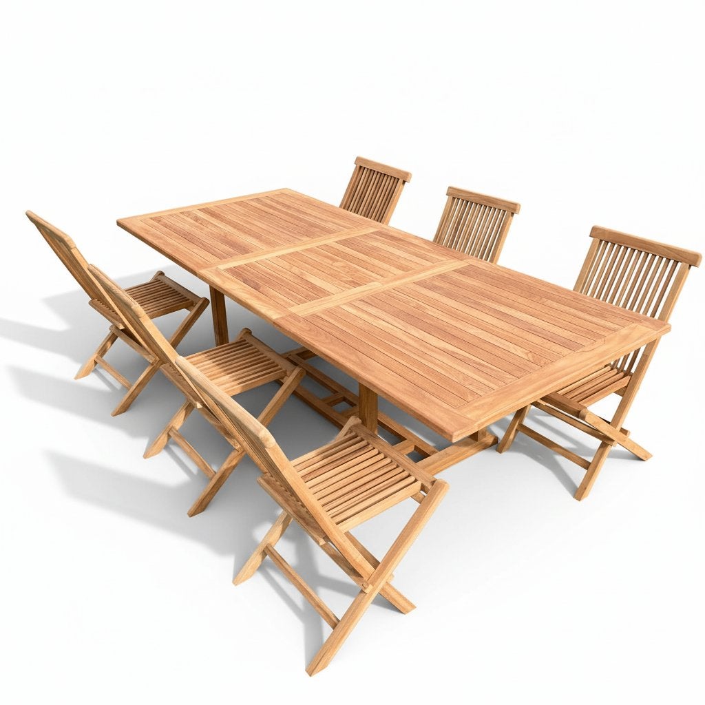 Neuf table Rectangulaire + 6 ch en teck massif, Neuf, Sets de jardin, Enlèvement, Bois de teck