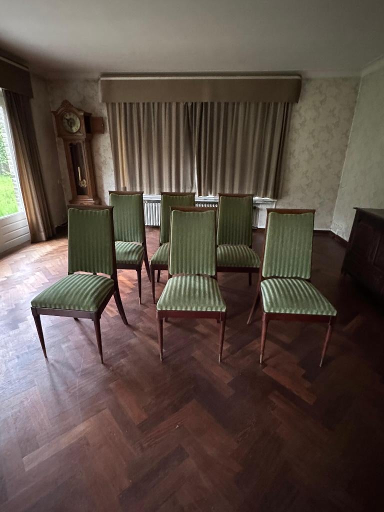 Set van 6 eetkamerstoelen groen velours mahonie, hoge rug, Ophalen