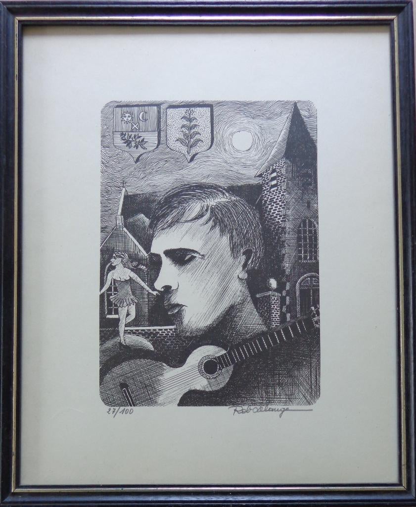 ROB DELANGE / JACQUES BREL / ZW-W LITHO / 46x38cm / KADER, Antiek en Kunst, Ophalen of Verzenden