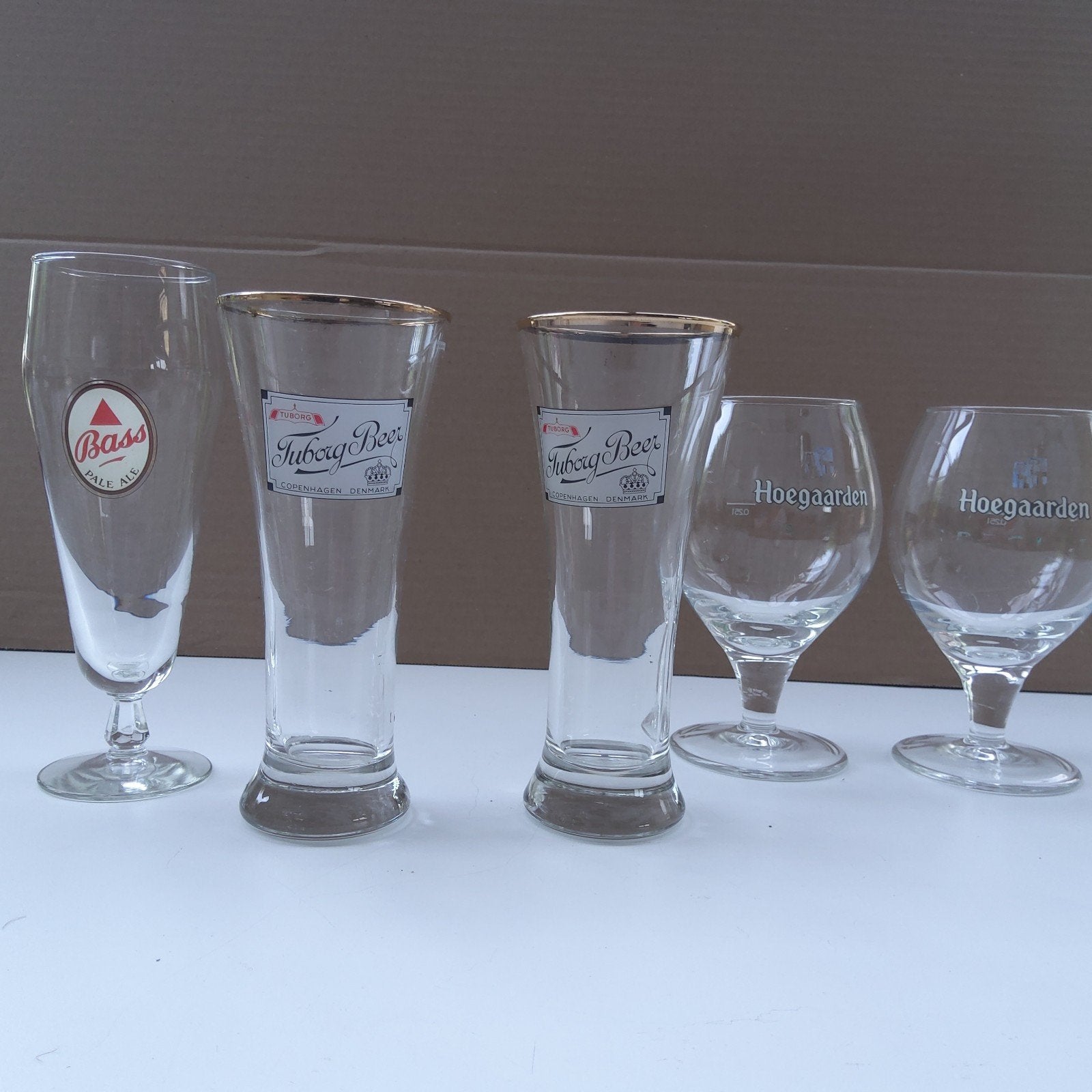Pale Ale, Tuborg, Hoegaarden: 5 vintageglazen., Verzamelen, Ophalen, Gebruikt, Glas of Glazen