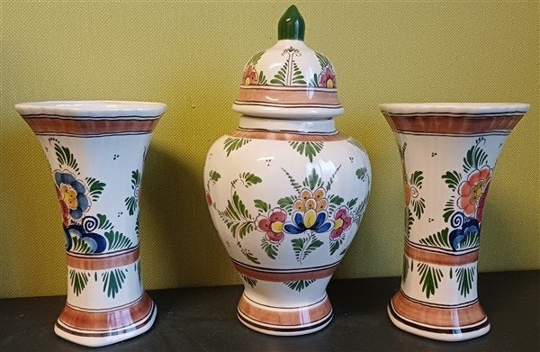Set va n 3 handgeschilderde Delfse vazen, Ophalen, 30 cm, Natuurlijk materiaal, Oranje
