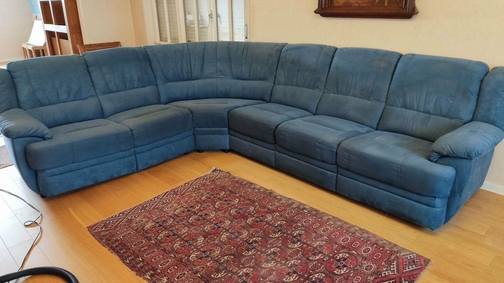 Petrolblauwe alcantara hoekbank 3,25m x 2,55m, Huis en Inrichting, Ophalen, 250 tot 300 cm, Gebruikt, Hoekbank