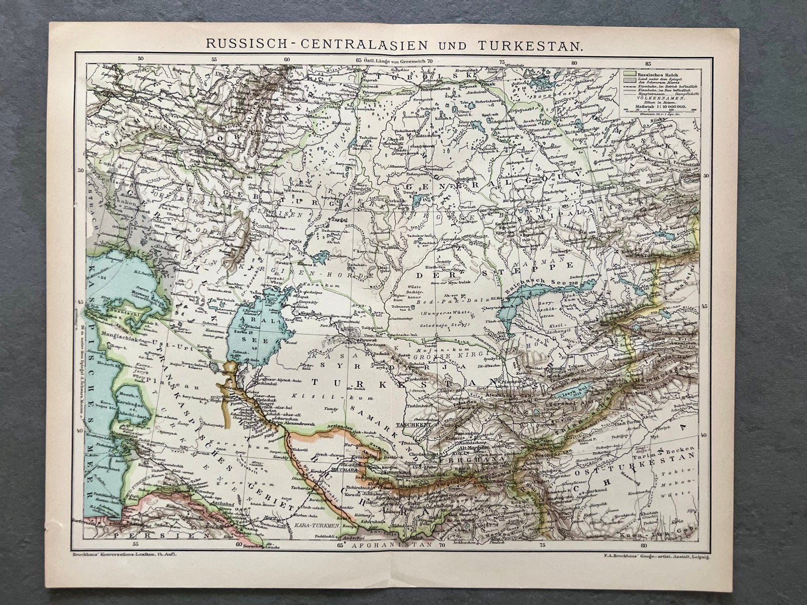 Oude kaart Centraal-Azië en Russisch Turkestan — 1898, Antiek en Kunst, Antiek | Schoolplaten, Ophalen of Verzenden, Geschiedenis