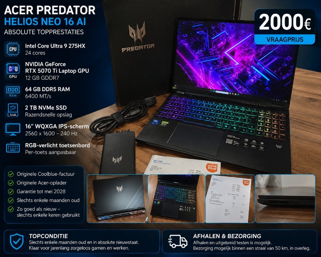 Neo 16 AI | Ultra 9 275HX | RTX 5070 Ti | 64GB | 2TB |  2028, Ophalen, 64 GB of meer, Met videokaart, Nieuw