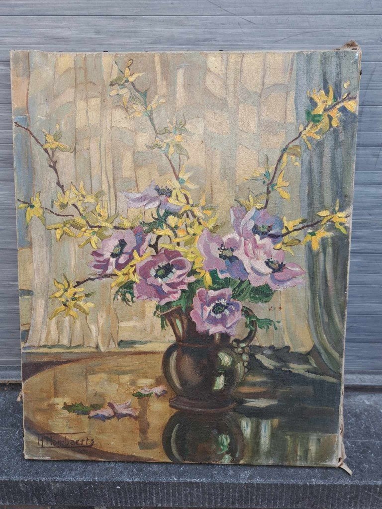 huile sur toile fleurs signe H MOMBAERTS, Antiek en Kunst, Kunst | Schilderijen | Klassiek, Ophalen of Verzenden, Bloemen, Doek