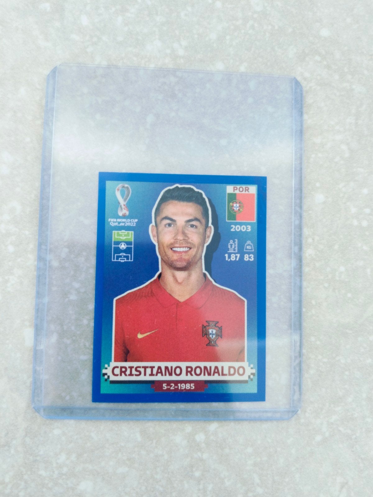 Panini sticker WK Qatar Christiano Ronaldo Portugal blauw, Ophalen of Verzenden, Sticker
