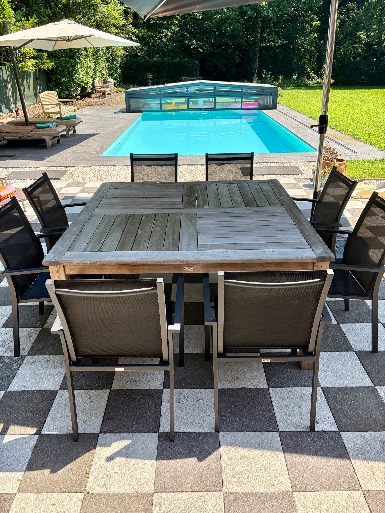 Tuintafel teak met stoelen terras, Ophalen, Gebruikt, Vierkant, Teakhout