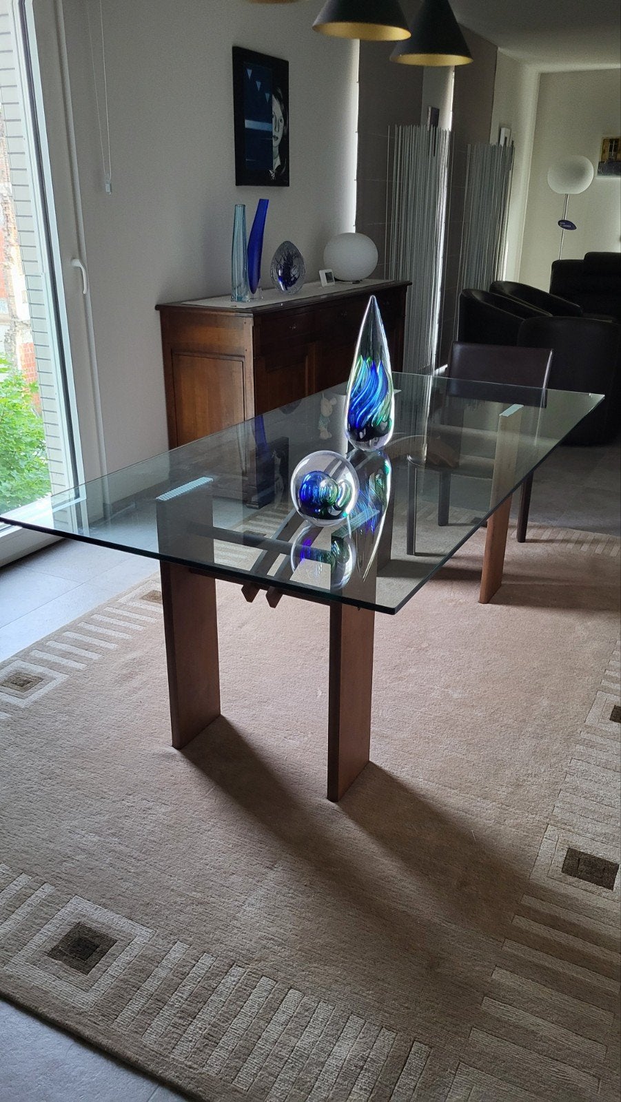 Exclusieve glazen tafel met mooi onderstel, Ophalen, Tijdloos design, 200 cm of meer, 50 tot 100 cm