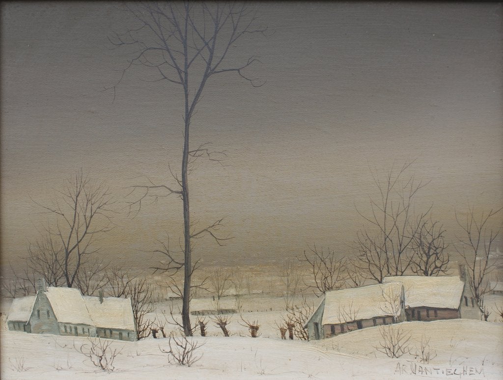 Arnold Vanthiegem (1937-2023): Winterlandschap (O/D, 39x33cm, Ophalen of Verzenden