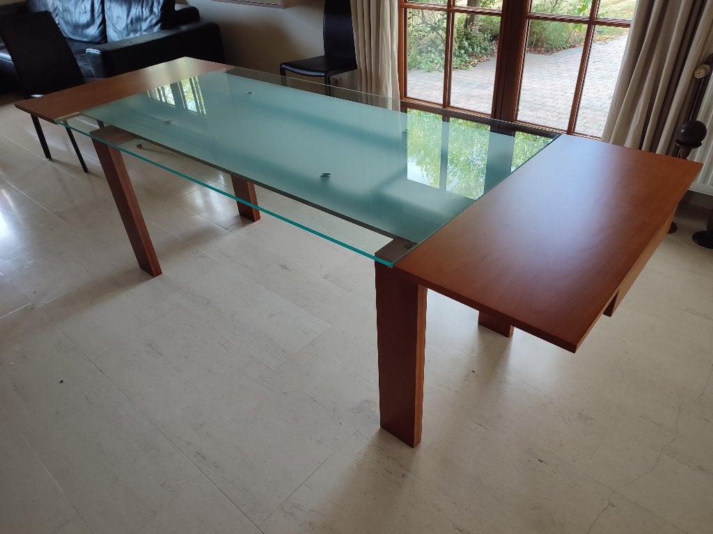 Table de salle à manger extensible verre et bois, Maison & Meubles, Tables | Tables à manger, Verre, Comme neuf, Enlèvement, 50 à 100 cm