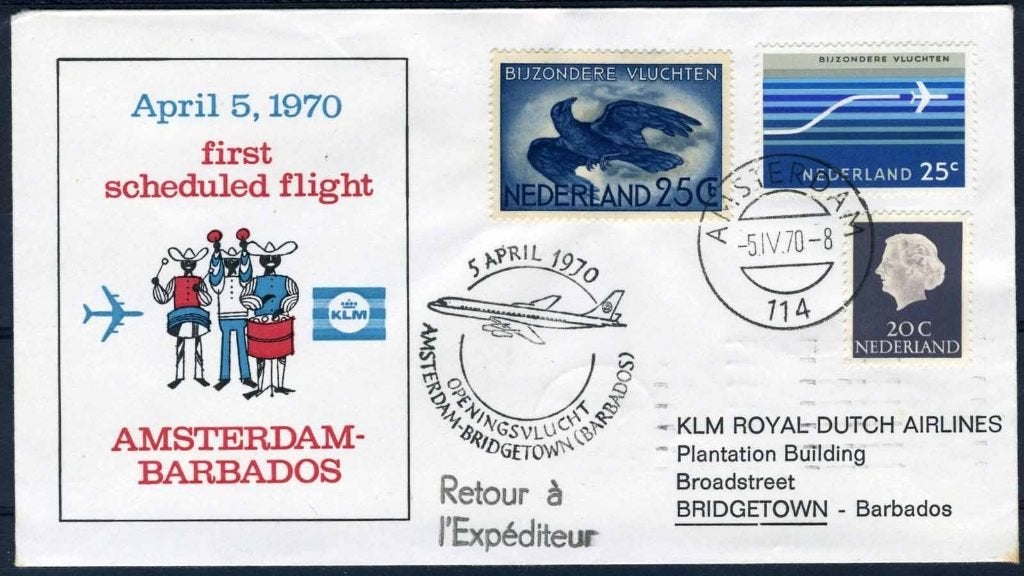 NEDERLAND 1e VLUCHT AMSTERDAM - BRIDGETOWN BARBADOS, Verzenden, Na 1940, Gestempeld
