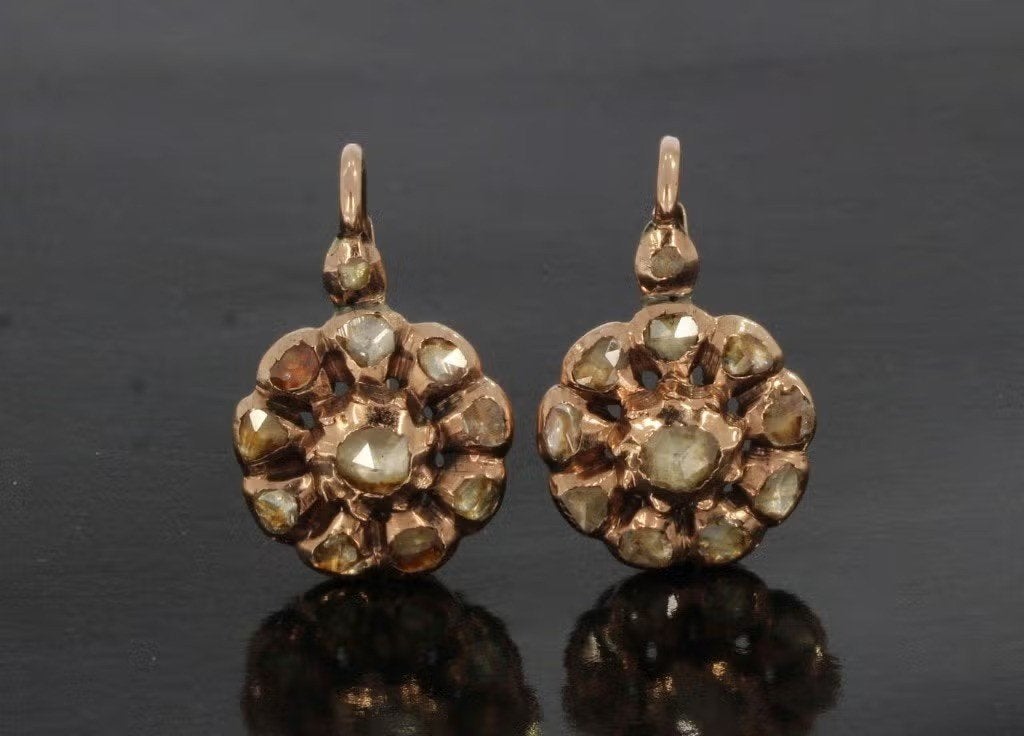 22 diamanten antiek set 14k gouden oorbellen rozet dame, Bijoux, Sacs & Beauté, Enlèvement ou Envoi, Or, Comme neuf, Or